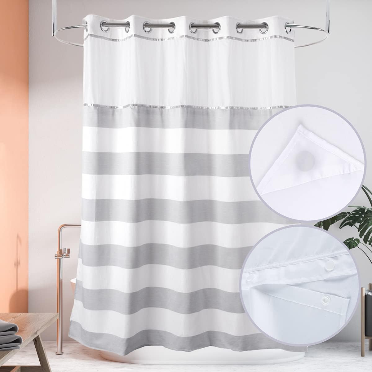Hotel Grade Waffle Weave Fabric Hook Free Shower Curtain with Magnets Snap-in Liner - Heavy Duty Bath Curtain with See Through Top Machine Washable 71" W * 79“ L White