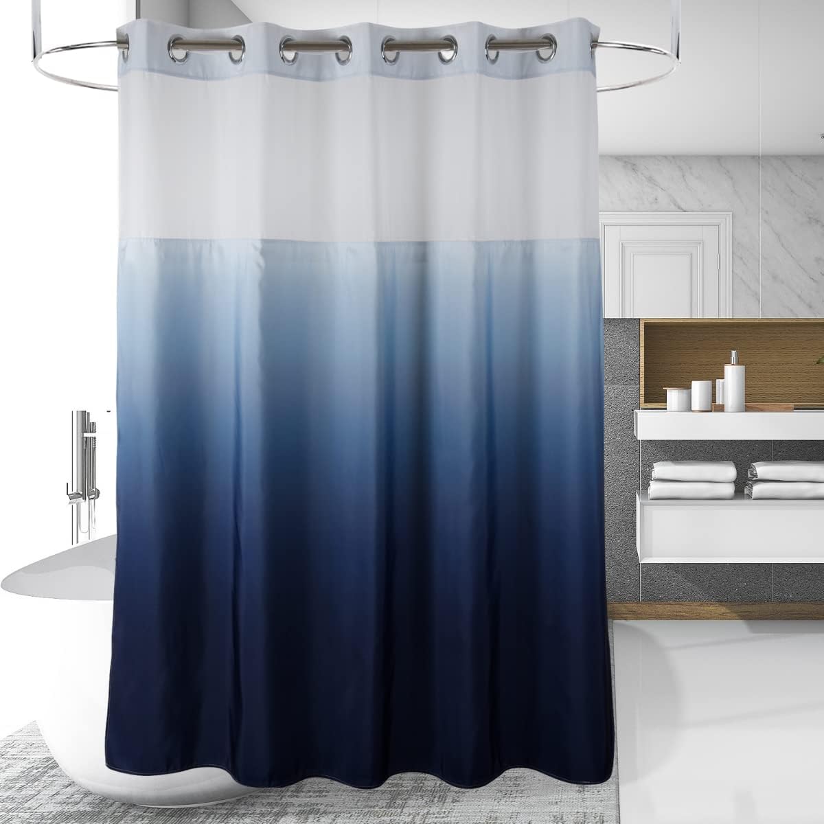 Hotel Grade Waffle Weave Fabric Hook Free Shower Curtain with Magnets Snap-in Liner - Heavy Duty Bath Curtain with See Through Top Machine Washable 71" W * 79“ L White