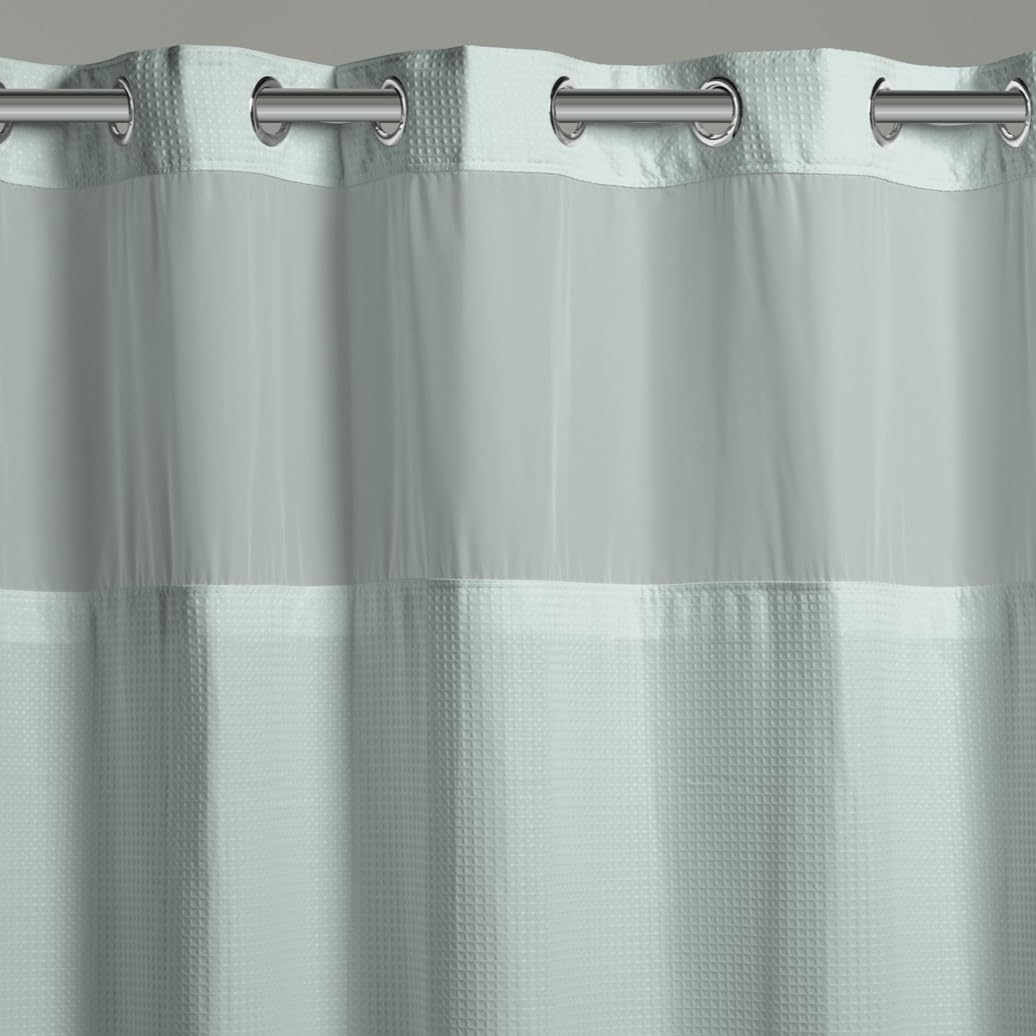 Hookless It’s A Snap! Waffle Shower Curtain, 3-in-1 Shower Curtain Includes Fabric Shower Curtain with Sheer Top Window, Flex-On Rings & Fabric Liner, 71” x 74”, Misty Blue