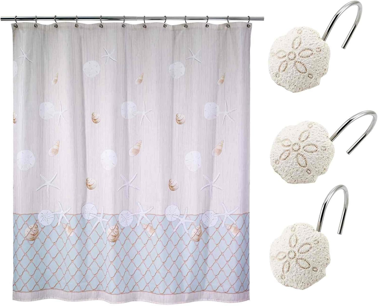 Avanti Linens- Shower Set, Fabric Shower Curtain & 12pc Curtain Hooks, Sea Inspired Bathroom Essentials (Seaglass Collection)