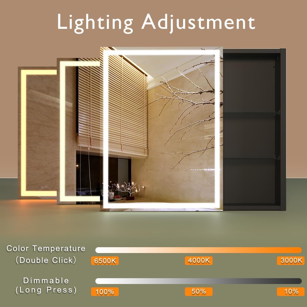KWW LED Lighted Bathroom Medicine Cabinet with Sockets & USBs, Defogger, Dimmable, 3 Color Light Makeup Mirror, Easy to Install, Wall Mounted Cabinet (29.5 * 28)