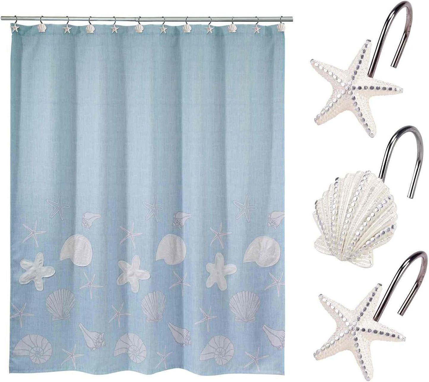 Avanti Linens- Shower Set, Fabric Shower Curtain & 12pc Curtain Hooks, Sea Inspired Bathroom Essentials (Seaglass Collection)