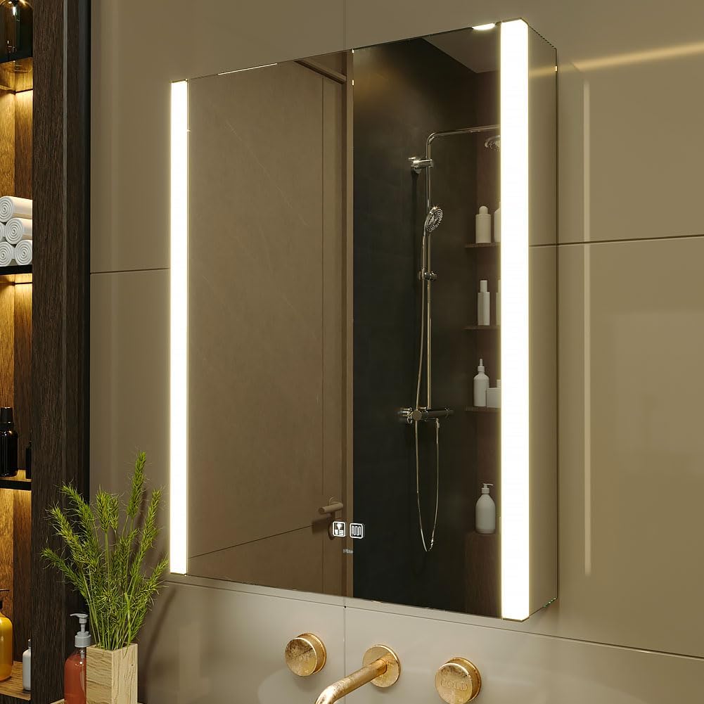 KWW LED Lighted Bathroom Medicine Cabinet with Sockets & USBs, Defogger, Dimmable, 3 Color Light Makeup Mirror, Easy to Install, Wall Mounted Cabinet (29.5 * 28)