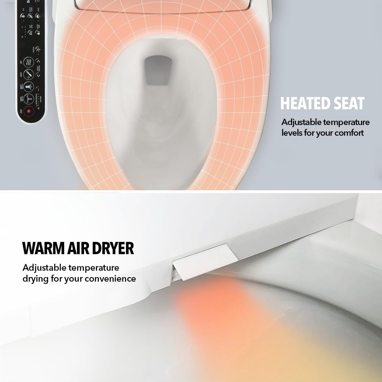 Barumi BM-4000 Elongated Bidet Attachment Toilet Seat, Smart Heated Seat, Air Dryer, Warm Water & Pressure Control, Self-Cleaning, Child & Eco Mode, Self Cleaning -SS Spray Nozzle with Massage