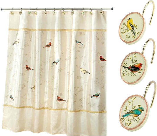 Avanti Linens- Shower Set, Fabric Shower Curtain & 12pc Curtain Hooks, Durable Bathroom Essentials (Gilded Birds Collection)