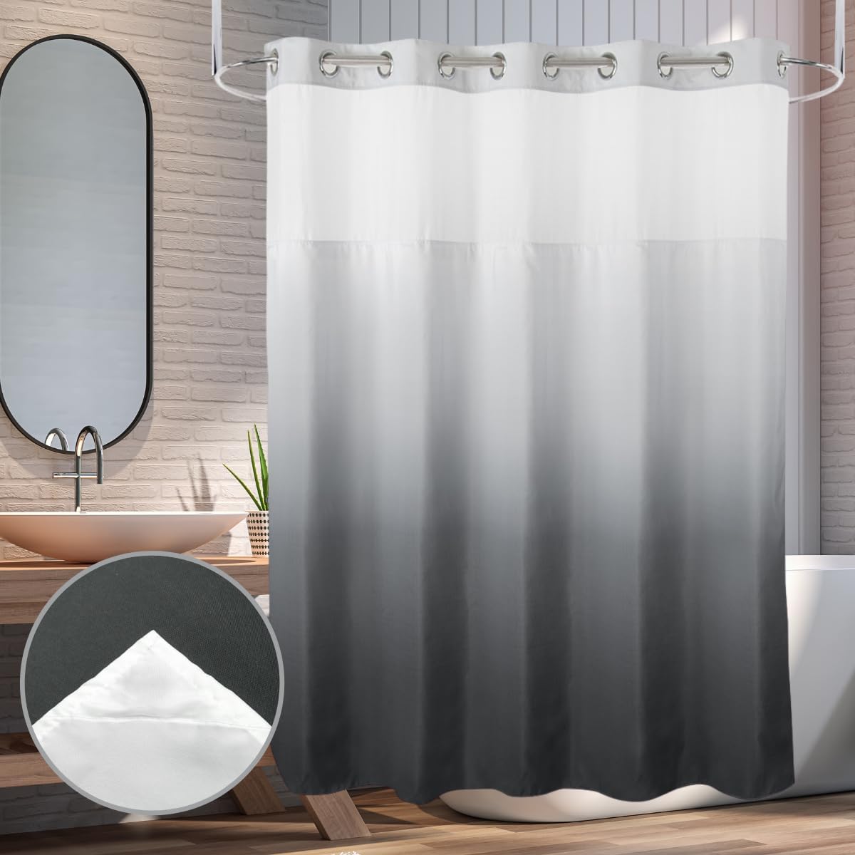 Hotel Grade Waffle Weave Fabric Hook Free Shower Curtain with Magnets Snap-in Liner - Heavy Duty Bath Curtain with See Through Top Machine Washable 71" W * 79“ L White