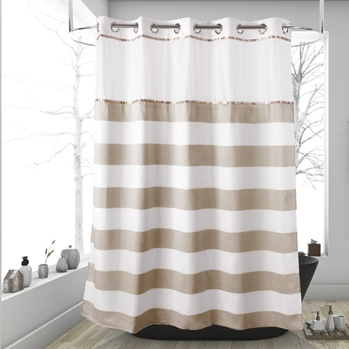 Hotel Grade Waffle Weave Fabric Hook Free Shower Curtain with Magnets Snap-in Liner - Heavy Duty Bath Curtain with See Through Top Machine Washable 71" W * 79“ L White