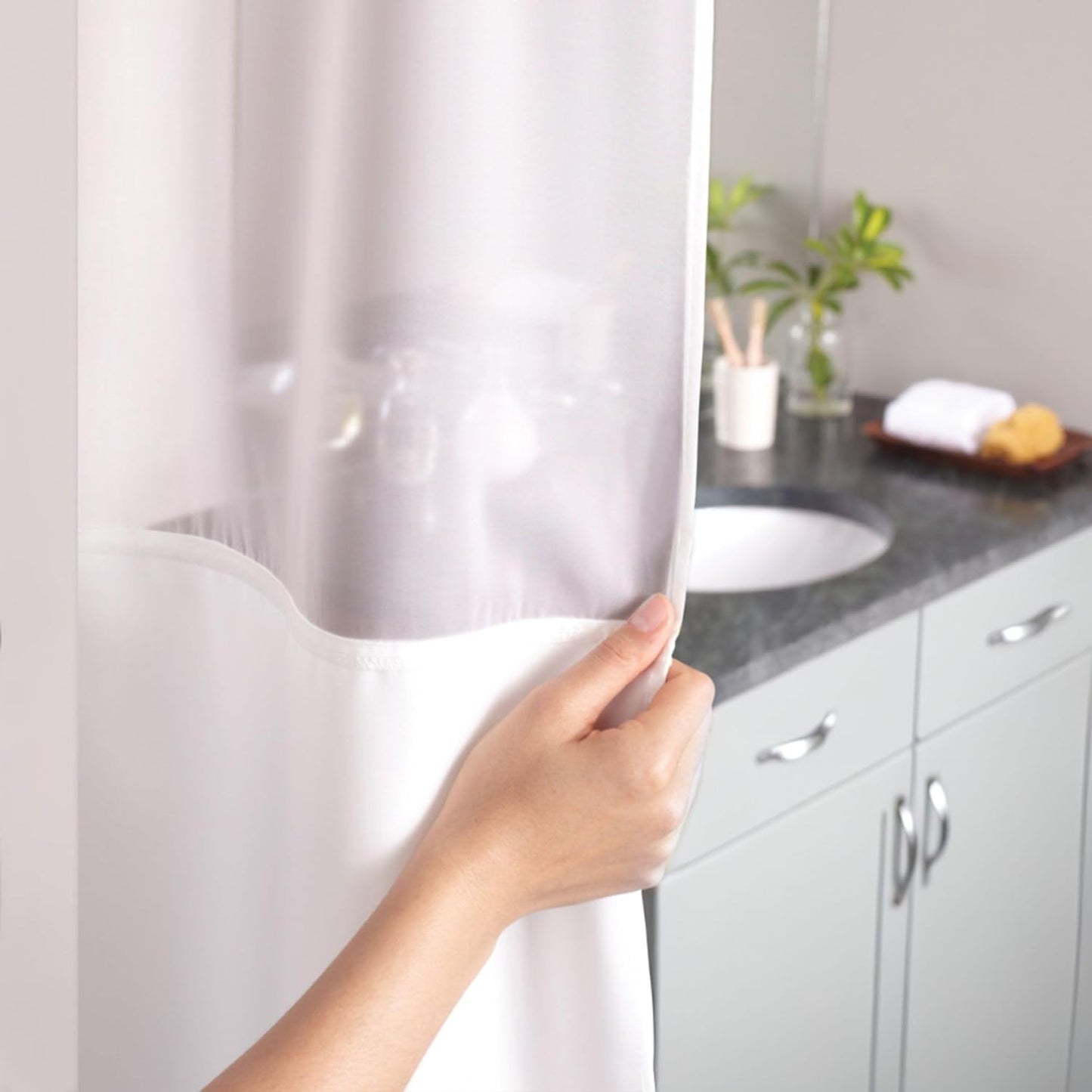 Hookless It’s A Snap! Waffle Shower Curtain, 3-in-1 Shower Curtain Includes Fabric Shower Curtain with Sheer Top Window, Flex-On Rings & Fabric Liner, 71” x 74”, Misty Blue