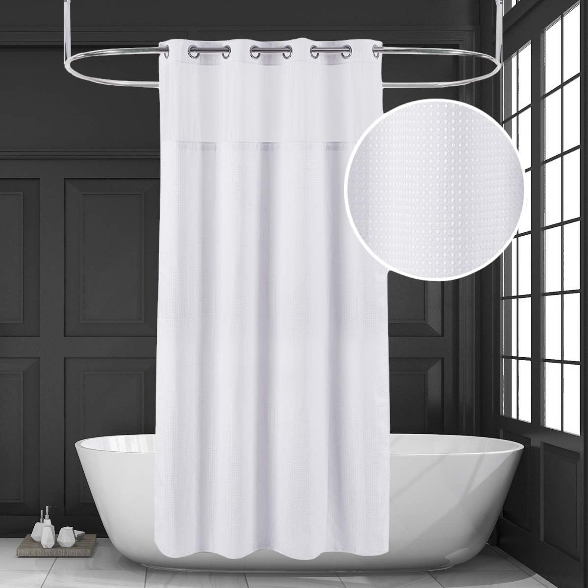 Hotel Grade Waffle Weave Fabric Hook Free Shower Curtain with Magnets Snap-in Liner - Heavy Duty Bath Curtain with See Through Top Machine Washable 71" W * 79“ L White