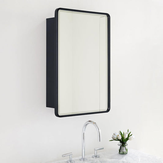 TEHOME Surface Mount 16x24 Black Bathroom Medicine Cabinet with Mirror Matt Black Metal Framed Rounded Rectangle Medicine Cabinet with Beveled Mirror