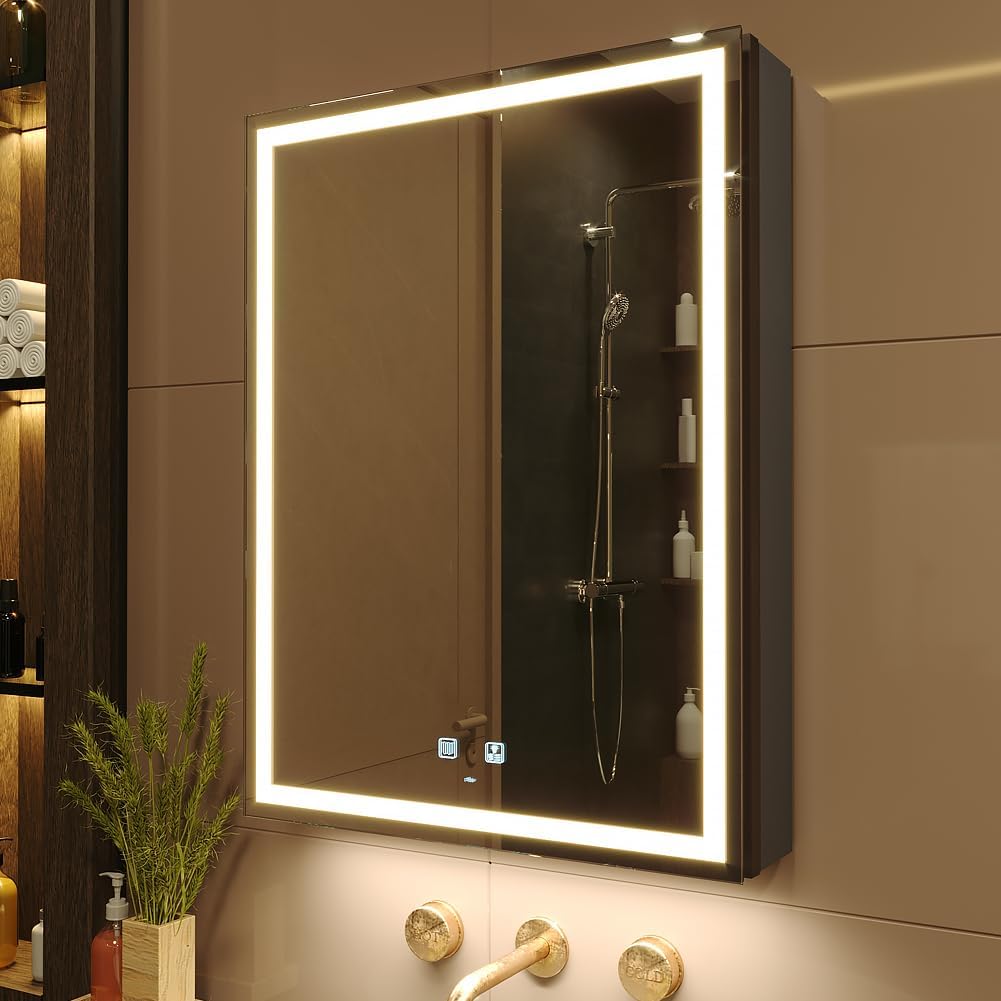 KWW LED Lighted Bathroom Medicine Cabinet with Sockets & USBs, Defogger, Dimmable, 3 Color Light Makeup Mirror, Easy to Install, Wall Mounted Cabinet (29.5 * 28)