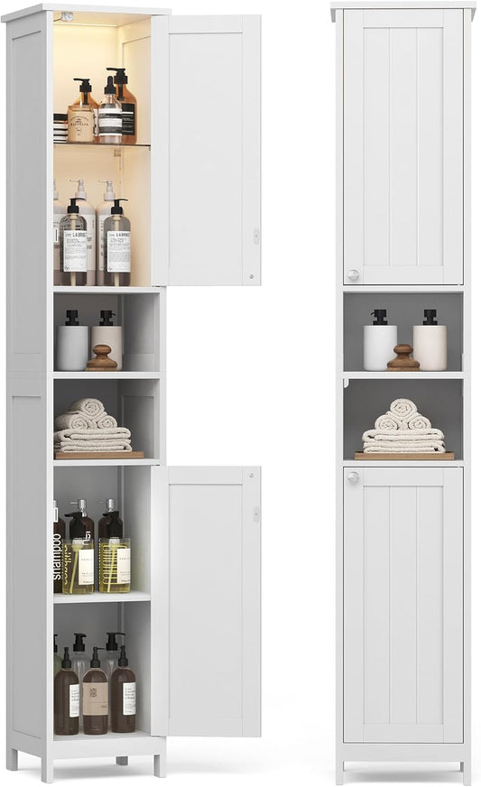 VASAGLE Tall Bathroom Cabinet with Lights, Slim Freestanding Bathroom Storage Cabinet with Adjustable Shelves, for Small Spaces, Modern, 11.8 Inches Wide, Cloud White UBBC566W02