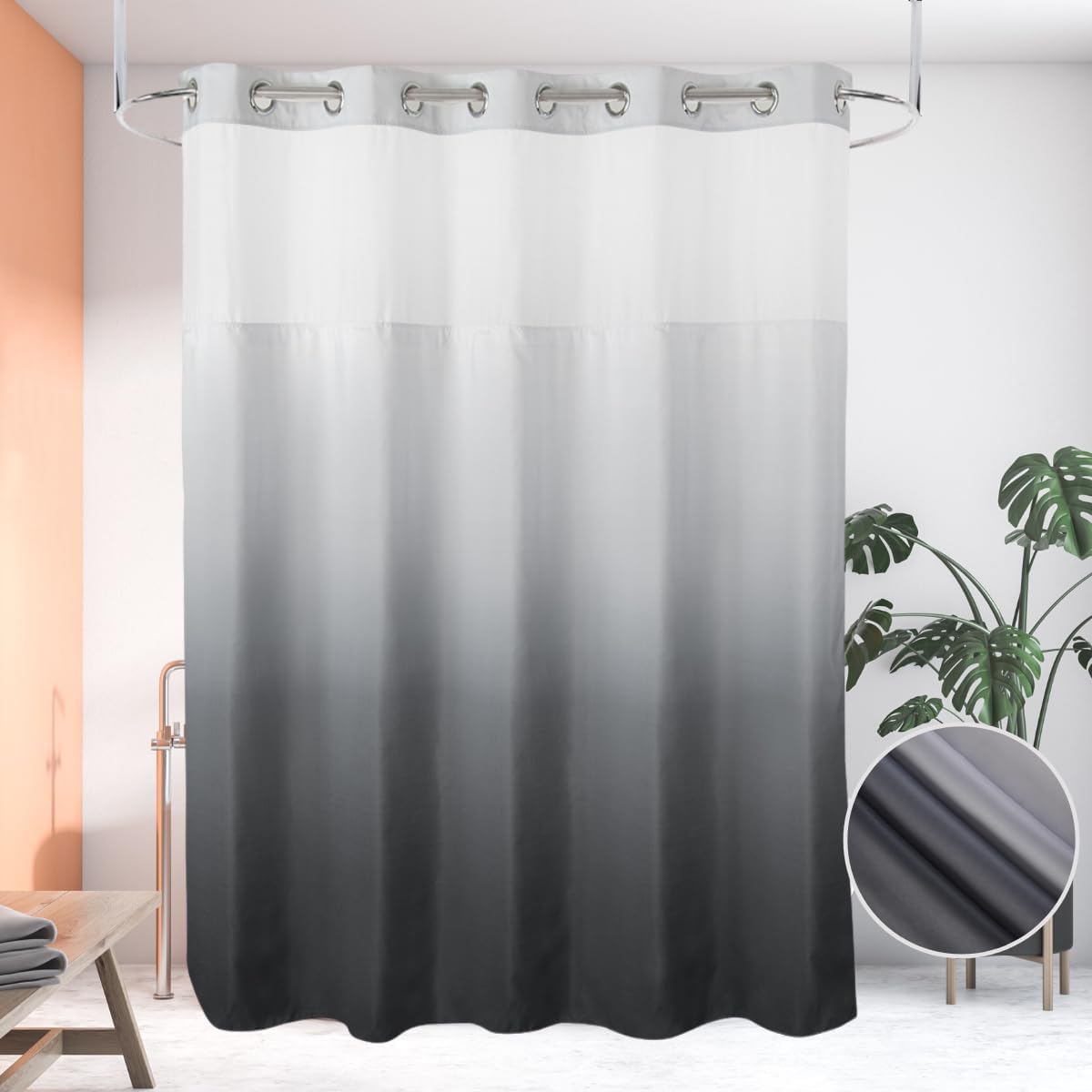 Hotel Grade Waffle Weave Fabric Hook Free Shower Curtain with Magnets Snap-in Liner - Heavy Duty Bath Curtain with See Through Top Machine Washable 71" W * 79“ L White