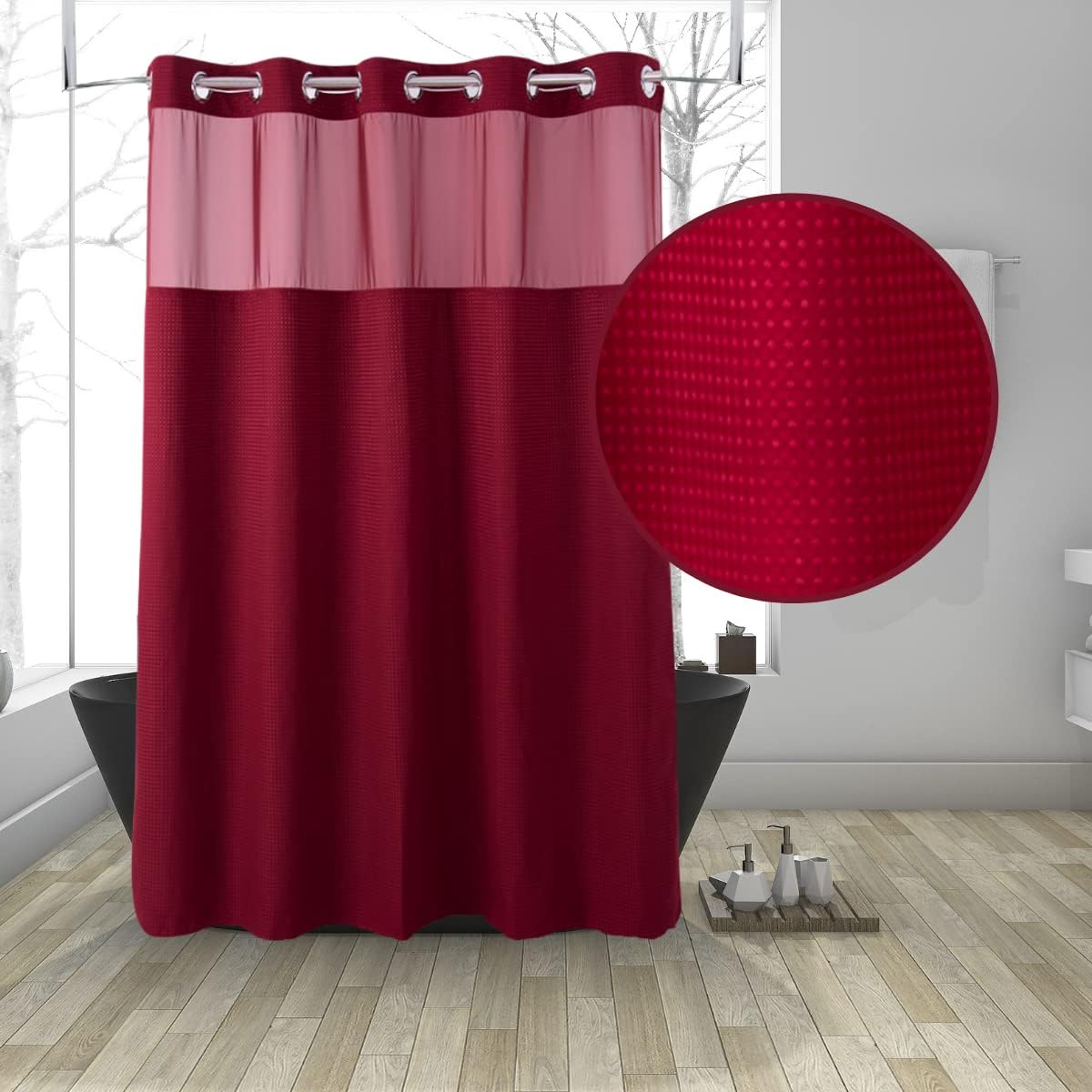 Hotel Grade Waffle Weave Fabric Hook Free Shower Curtain with Magnets Snap-in Liner - Heavy Duty Bath Curtain with See Through Top Machine Washable 71" W * 79“ L White