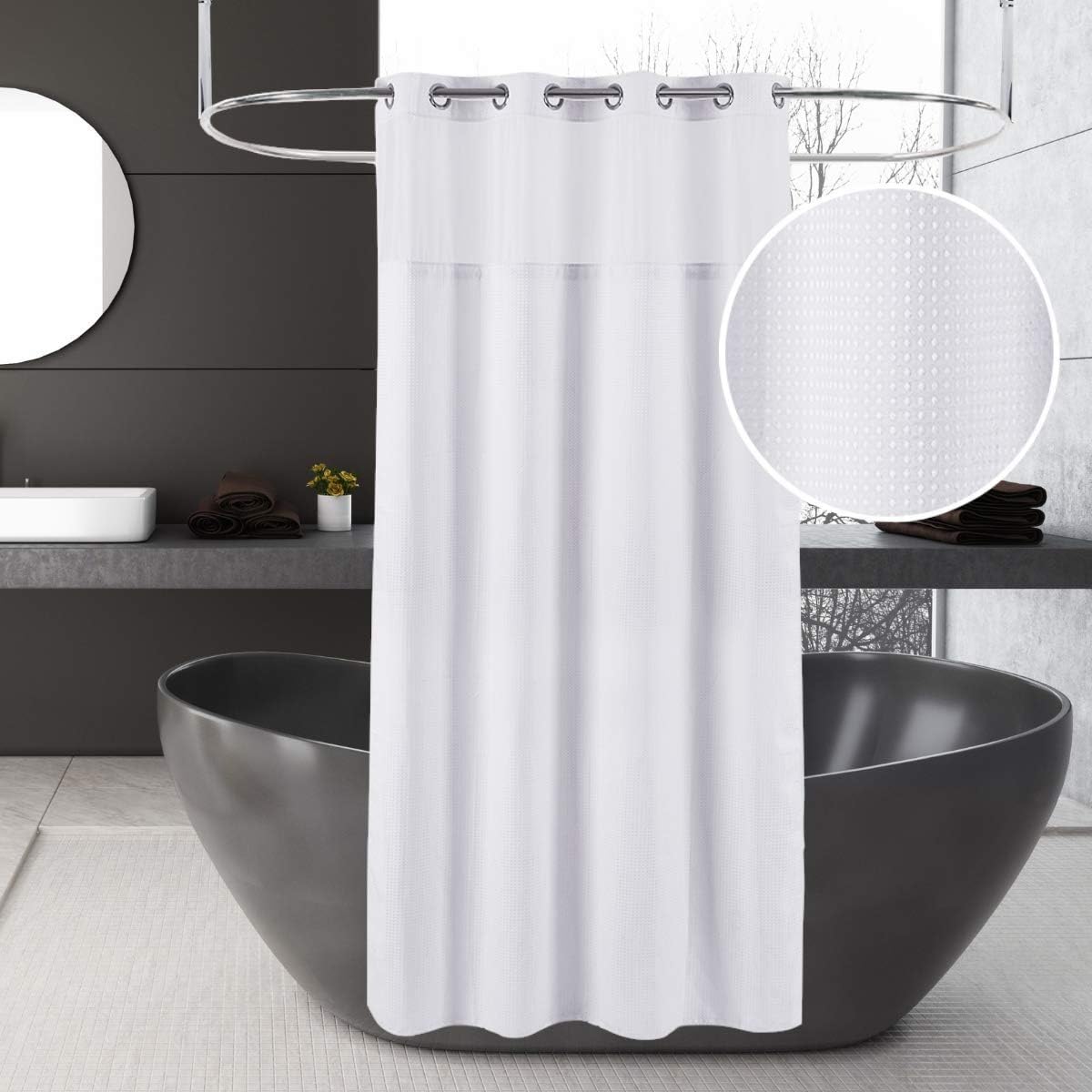 Hotel Grade Waffle Weave Fabric Hook Free Shower Curtain with Magnets Snap-in Liner - Heavy Duty Bath Curtain with See Through Top Machine Washable 71" W * 79“ L White