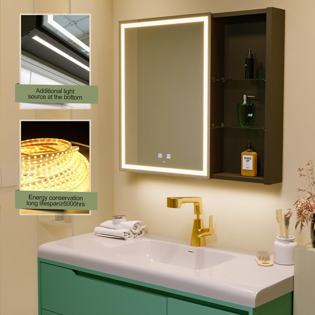 KWW LED Lighted Bathroom Medicine Cabinet with Sockets & USBs, Defogger, Dimmable, 3 Color Light Makeup Mirror, Easy to Install, Wall Mounted Cabinet (29.5 * 28)