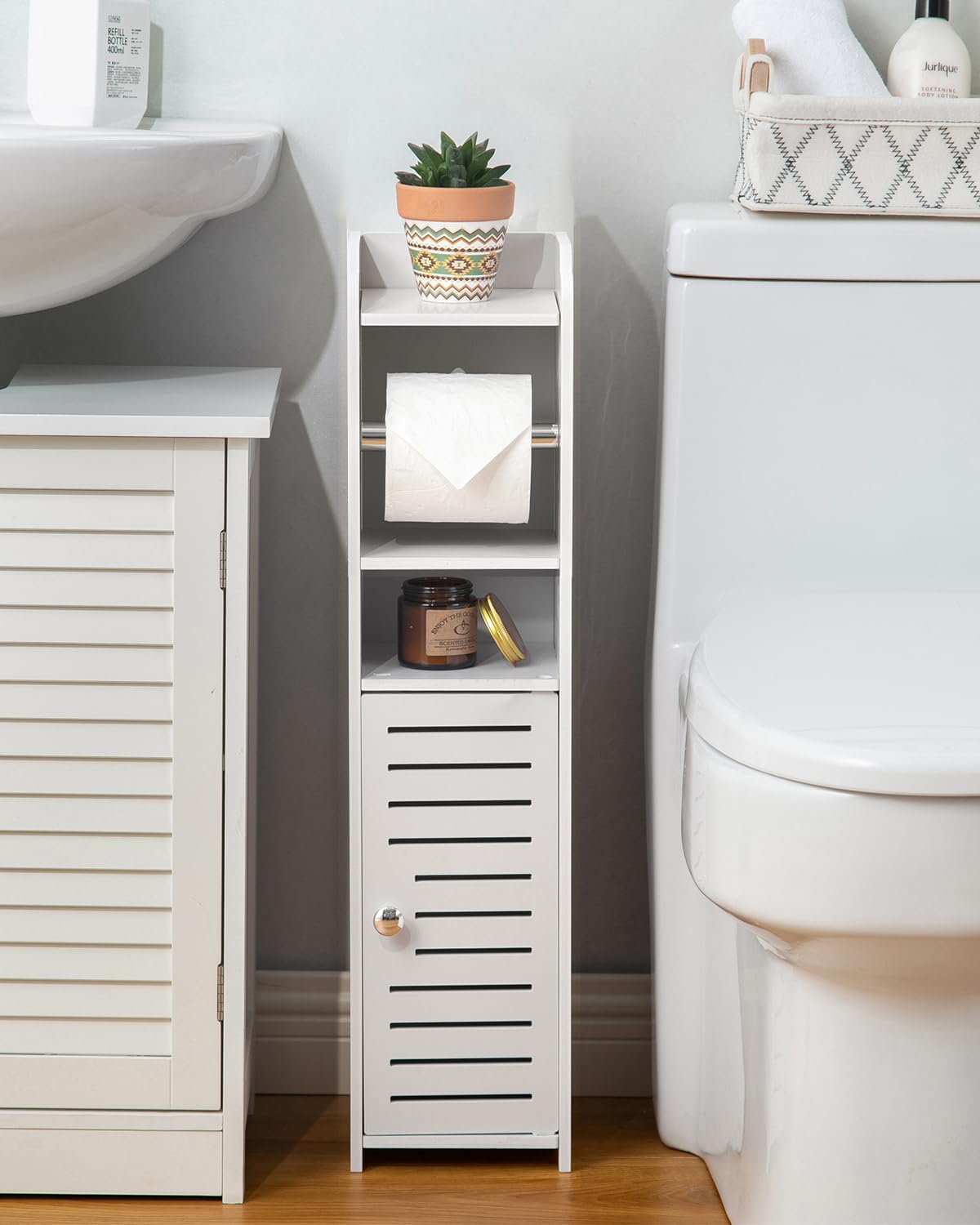 AOJEZOR Toilet Paper Holder Stand: Bathroom Storage Cabinet Beside Toilet Storage for Small Bathroom with Toilet Roll Holder - Toilet Paper Stand - Black
