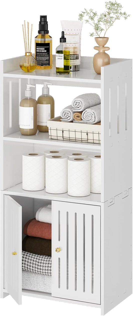 Bathroom Storage Cabinet, 4-Tier Slim White Floor Cabinet Freestanding Organizers with Door for Living Room Entryway Small Space
