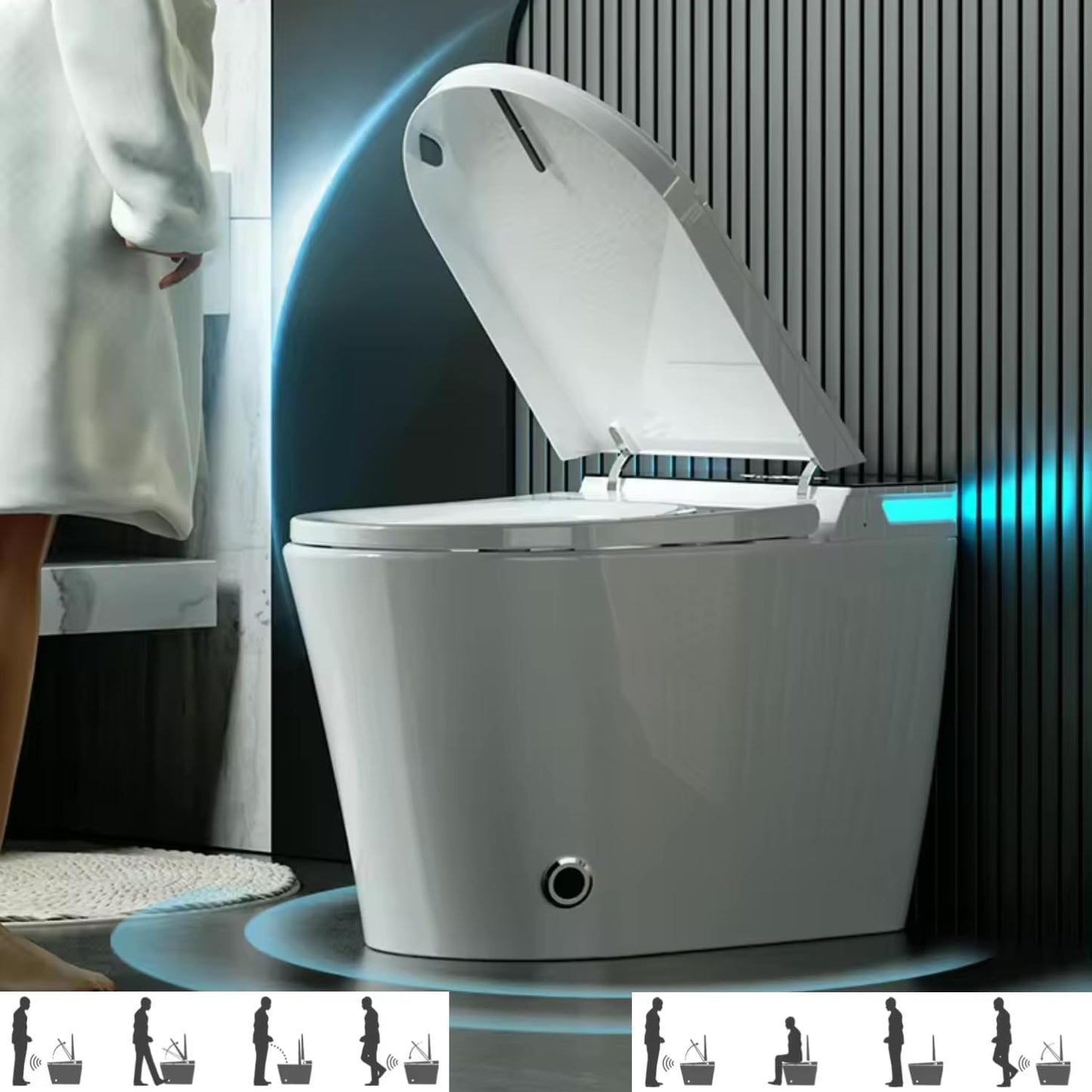 Electric Bidet Smart Toilet, Auto Open/Close Lid & Seat with Radar and Foot Sensor, Water Tank Built In, Auto Flushing, 8 Modes Water Wash,Warm Air Dryer, Foam Shield. 20-year warranty. (TD-76EV)