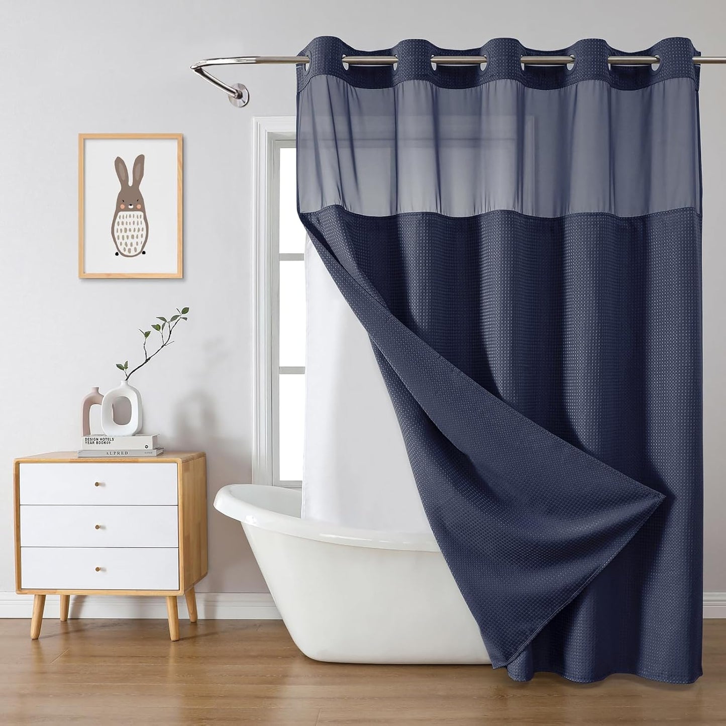 Grey No Hook Waffle Weave Shower Curtain with snap-in Liner Replacement, 230GSM Waterproof Fabric Hotel Shower Curtain Set for Bathroom, Through Mesh Top Window,71Wx74H