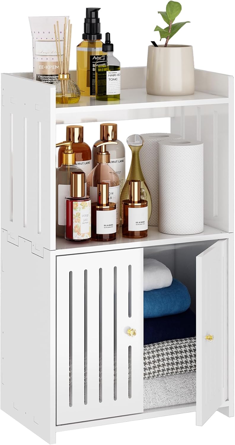 Bathroom Storage Cabinet, 4-Tier Slim White Floor Cabinet Freestanding Organizers with Door for Living Room Entryway Small Space