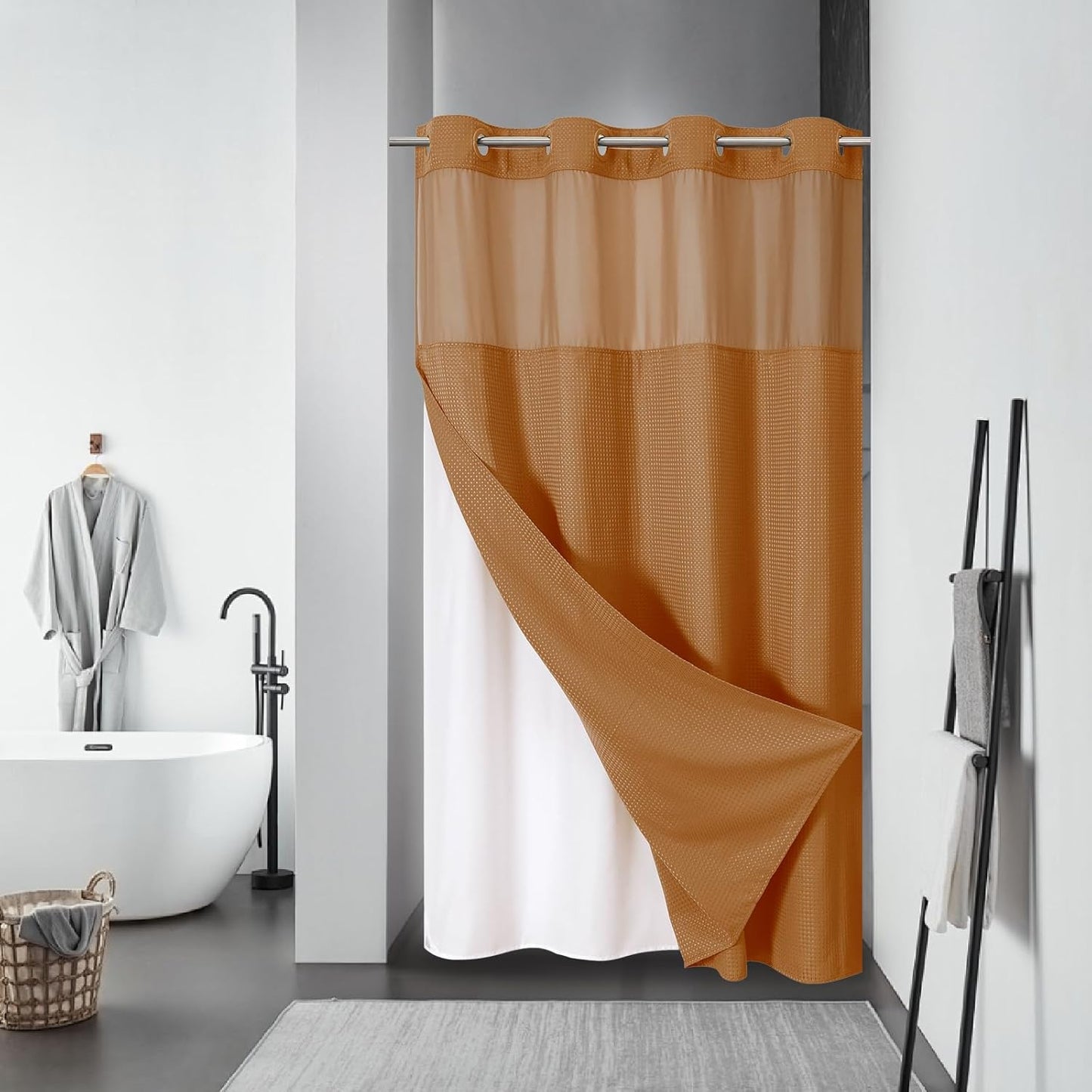 Grey No Hook Waffle Weave Shower Curtain with snap-in Liner Replacement, 230GSM Waterproof Fabric Hotel Shower Curtain Set for Bathroom, Through Mesh Top Window,71Wx74H