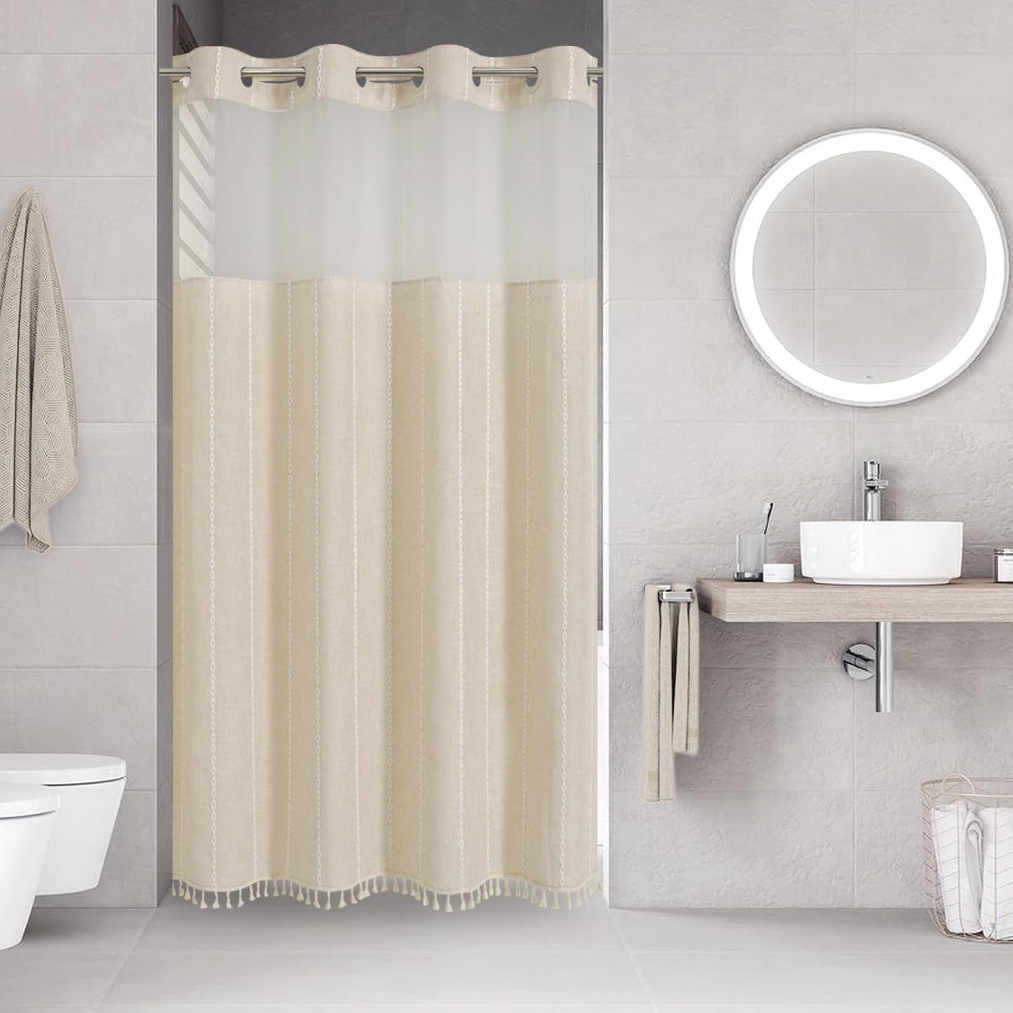 Boho Farmhouse No Hook Shower Curtain Set with Snap-in Fabric Liner,Heavy-Duty Linen Textured Rustic Striped Design,Water-Repellent with Tassels and Sheer Window,Cream/Beige,71x74