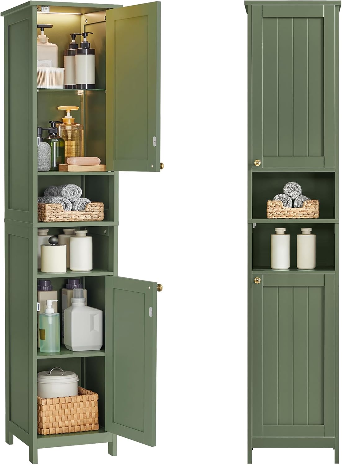 VASAGLE Tall Bathroom Cabinet with Lights, Slim Freestanding Bathroom Storage Cabinet with Adjustable Shelves, for Small Spaces, Modern, 11.8 Inches Wide, Cloud White UBBC566W02