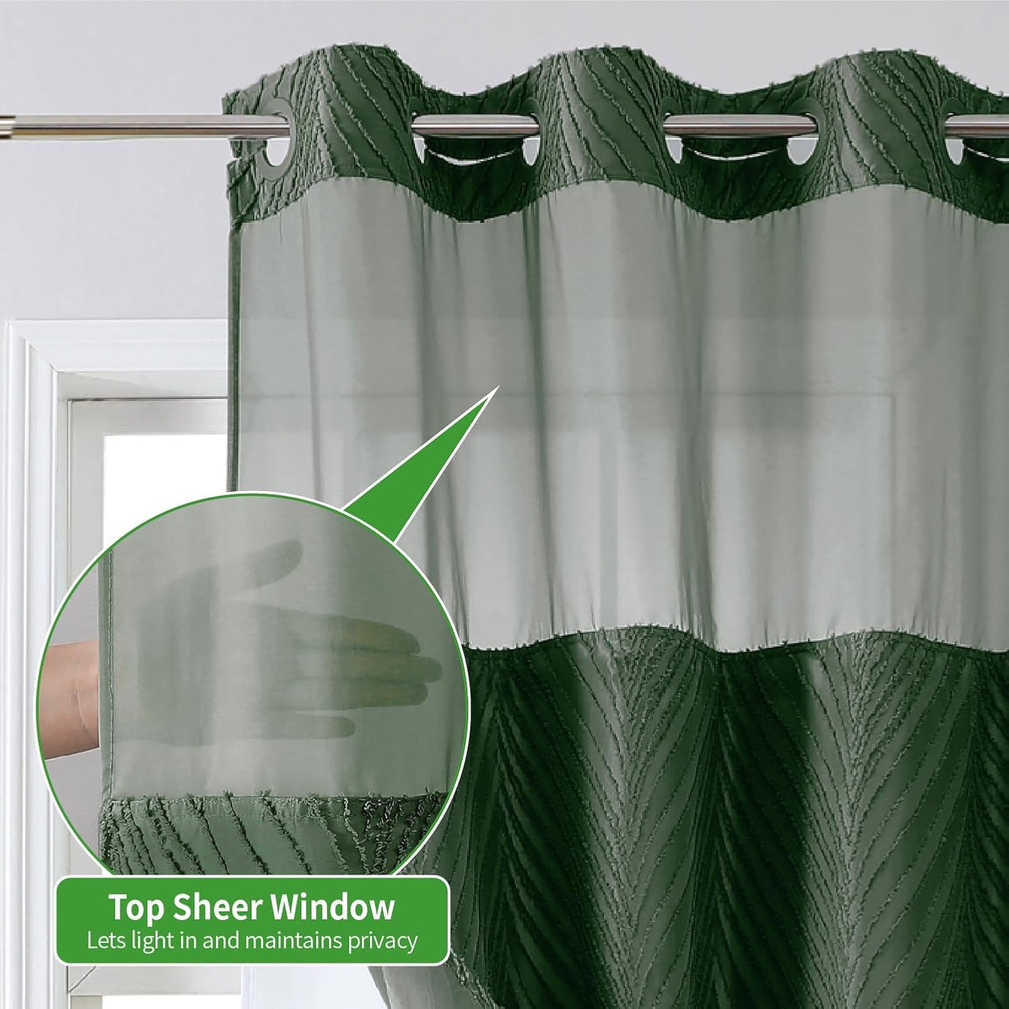 No Hook Shower Curtain and Liner Set,No Hook Tufted Striped Textured Shower Curtain with Snap in Liner Replacement and Waterproof Fabric,Boho Style with See Through Top Window,DarkGreen,71Wx74H