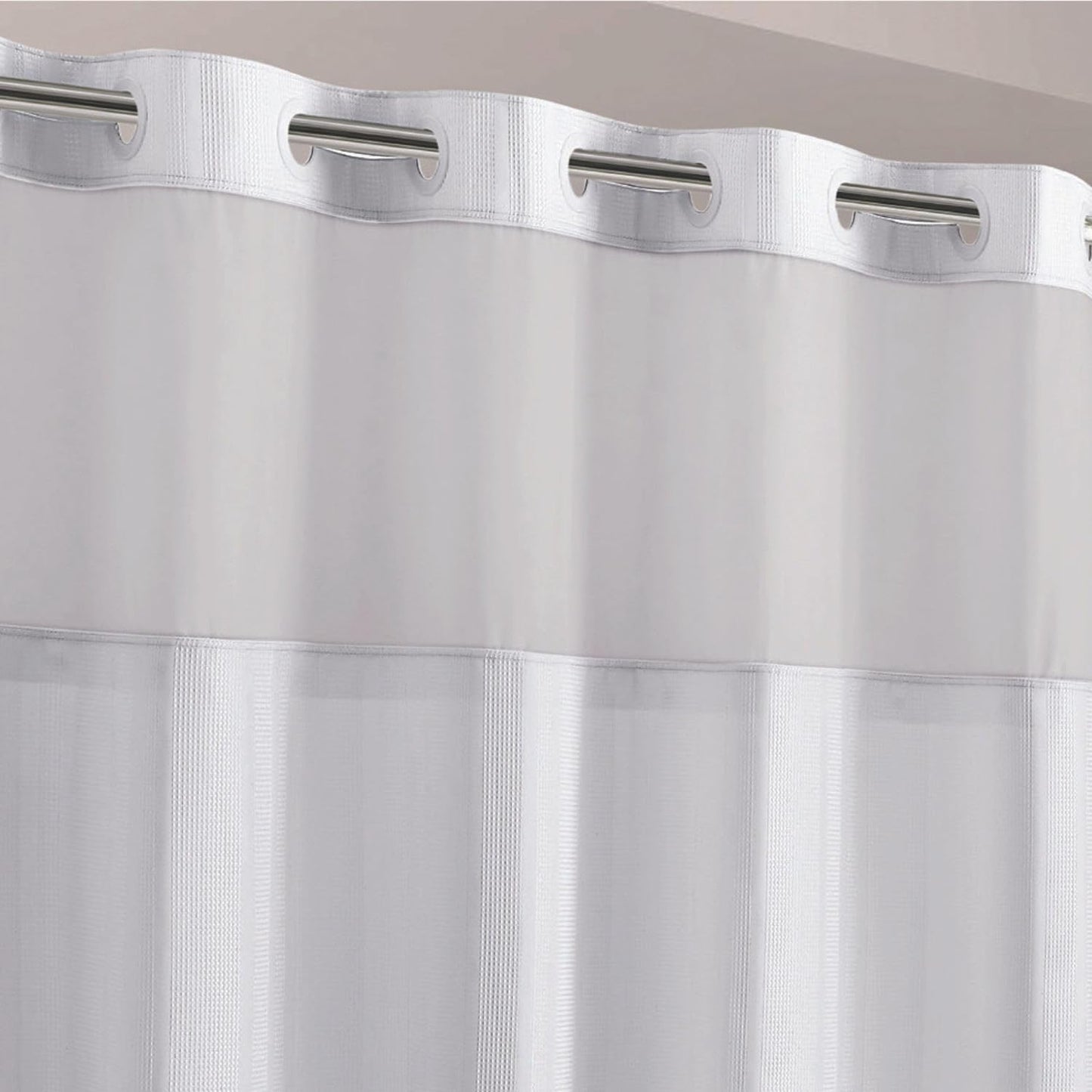 Hookless It’s A Snap! Waffle Stripe Shower Curtain, 2-in-1 Shower Curtain Includes Fabric Shower Curtain with Sheer Top Window and Flex-On Rings, Liner Compatible, 71” x 74”, Bright White