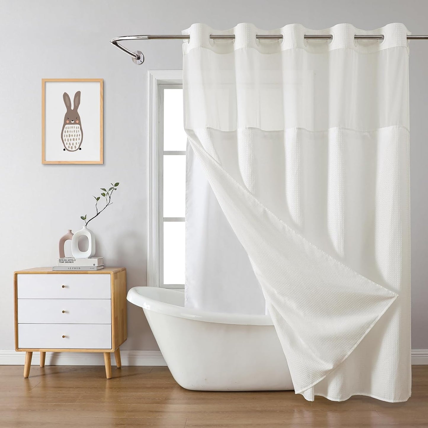 Grey No Hook Waffle Weave Shower Curtain with snap-in Liner Replacement, 230GSM Waterproof Fabric Hotel Shower Curtain Set for Bathroom, Through Mesh Top Window,71Wx74H