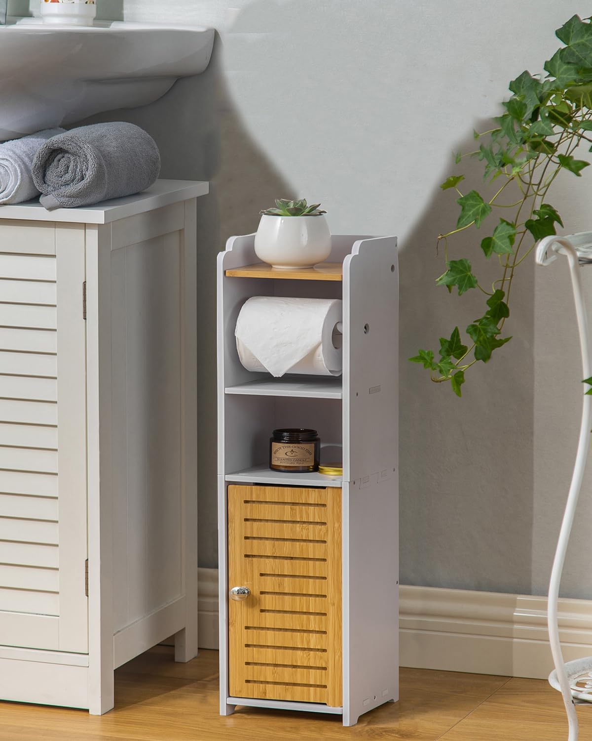 AOJEZOR Toilet Paper Holder Stand: Bathroom Storage Cabinet Beside Toilet Storage for Small Bathroom with Toilet Roll Holder - Toilet Paper Stand - Black