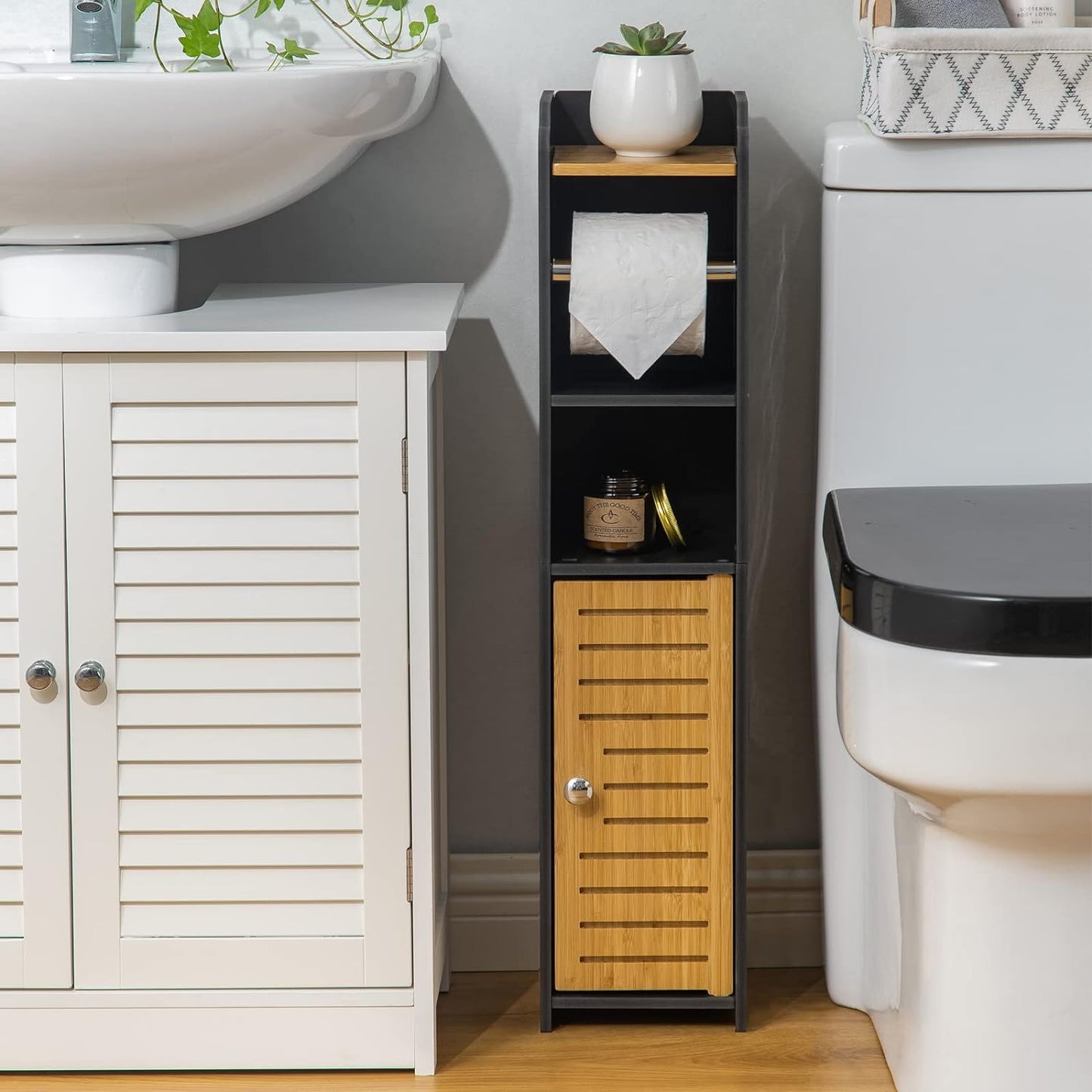 AOJEZOR Toilet Paper Holder Stand: Bathroom Storage Cabinet Beside Toilet Storage for Small Bathroom with Toilet Roll Holder - Toilet Paper Stand - Black
