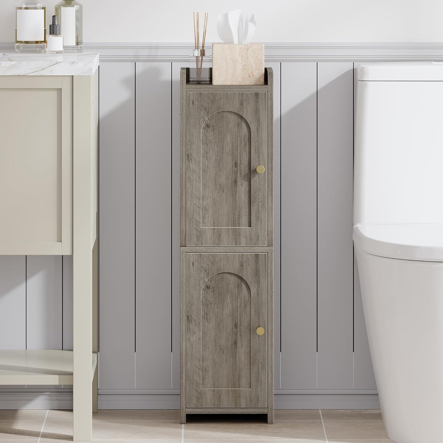 Bathroom Storage Cabinet, Corner Floor Cabinet with 2 Doors and Adjustable Shelf, Narrow Toilet Paper Cabinet, Bathroom Organizer for Small Spaces, White BC19913X
