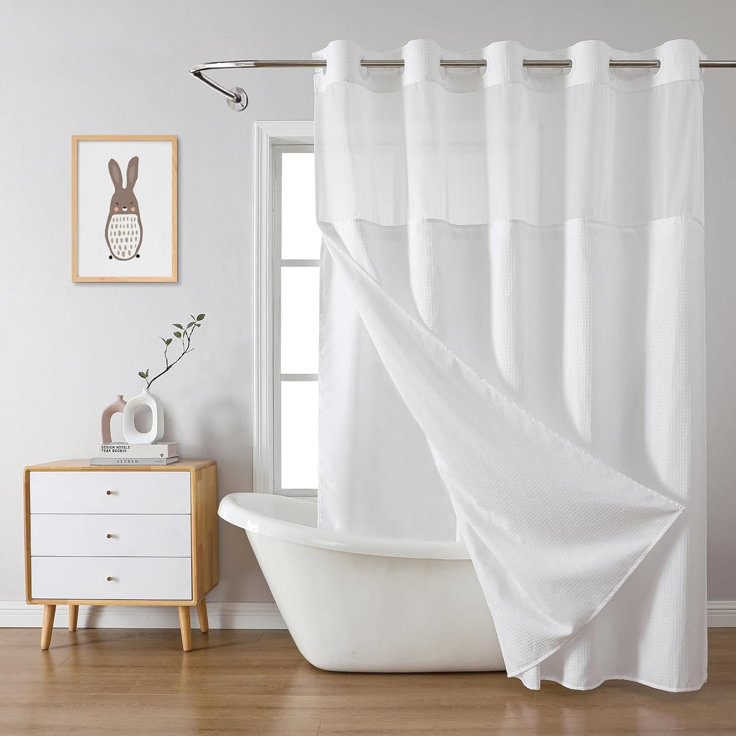 Grey No Hook Waffle Weave Shower Curtain with snap-in Liner Replacement, 230GSM Waterproof Fabric Hotel Shower Curtain Set for Bathroom, Through Mesh Top Window,71Wx74H