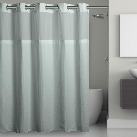 Hookless It’s A Snap! Waffle Shower Curtain, 3-in-1 Shower Curtain Includes Fabric Shower Curtain with Sheer Top Window, Flex-On Rings & Fabric Liner, 71” x 74”, Misty Blue