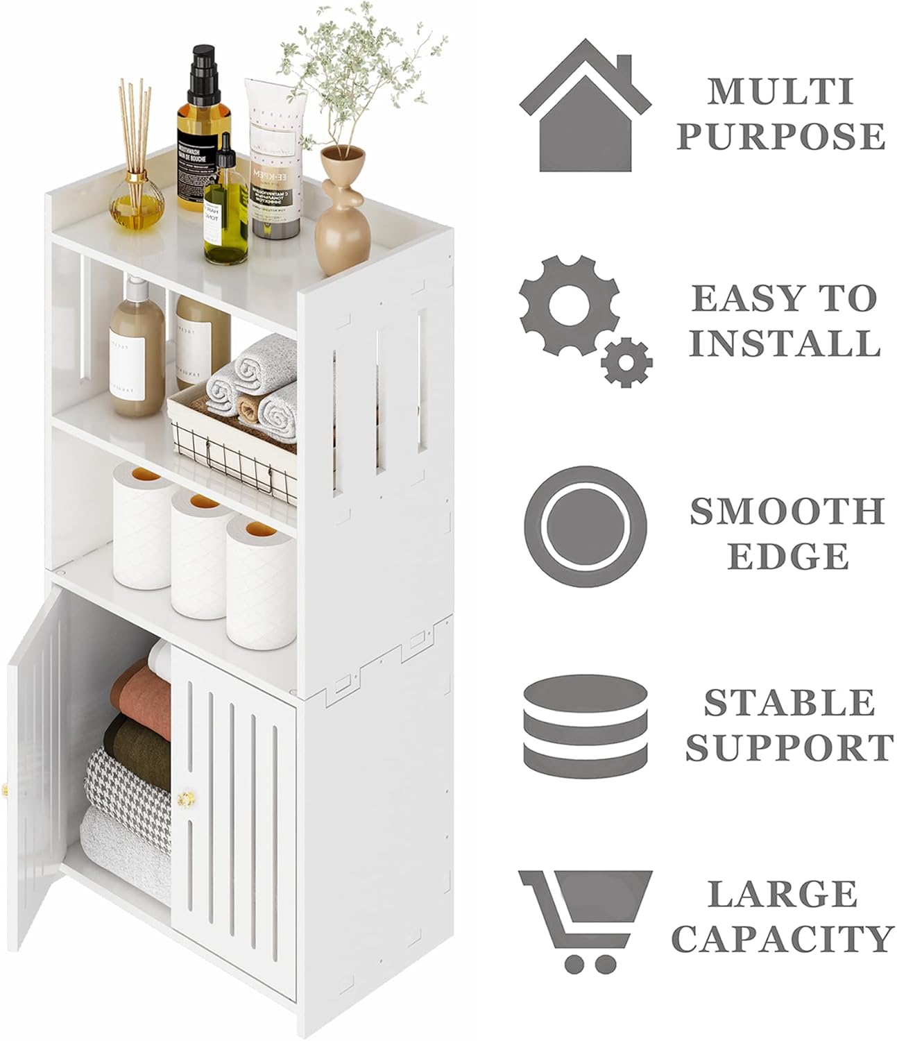 Bathroom Storage Cabinet, 4-Tier Slim White Floor Cabinet Freestanding Organizers with Door for Living Room Entryway Small Space