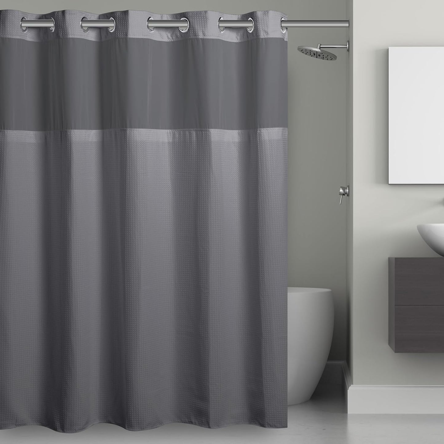 Hookless It’s A Snap! Waffle Shower Curtain, 3-in-1 Shower Curtain Includes Fabric Shower Curtain with Sheer Top Window, Flex-On Rings & Fabric Liner, 71” x 74”, Misty Blue
