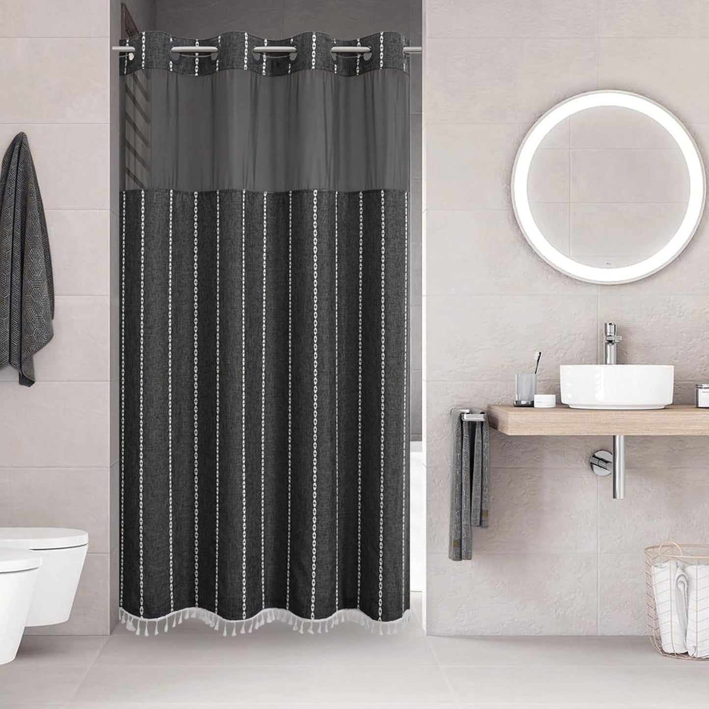 Boho Farmhouse No Hook Shower Curtain Set with Snap-in Fabric Liner,Heavy-Duty Linen Textured Rustic Striped Design,Water-Repellent with Tassels and Sheer Window,Cream/Beige,71x74