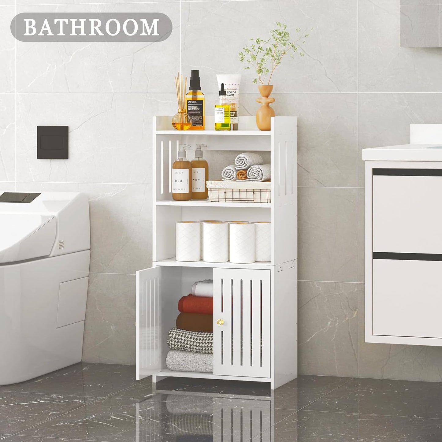 Bathroom Storage Cabinet, 4-Tier Slim White Floor Cabinet Freestanding Organizers with Door for Living Room Entryway Small Space