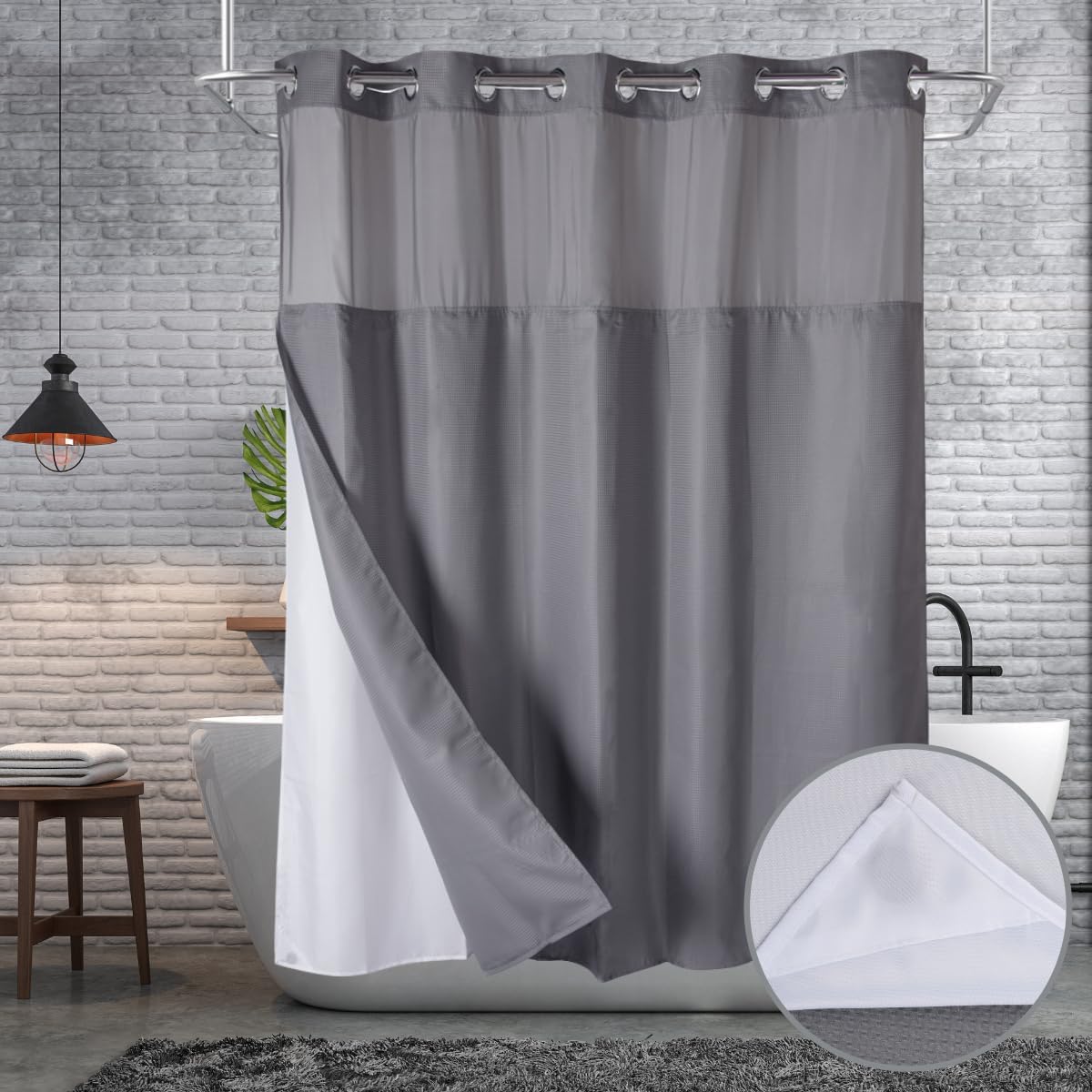 Hotel Grade Waffle Weave Fabric Hook Free Shower Curtain with Magnets Snap-in Liner - Heavy Duty Bath Curtain with See Through Top Machine Washable 71" W * 79“ L White
