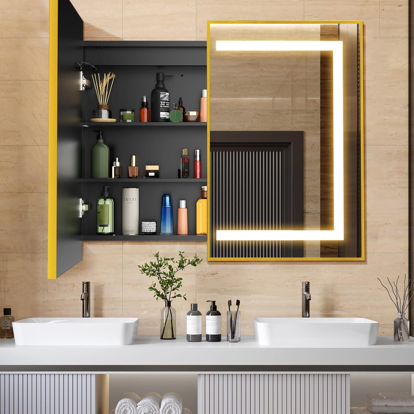 APRILSOUL 36X30 Inch Black Bathroom Medicine Cabinet with Mirror, Recessed or Surface Lighted Medicine Cabinet with 3 Colors Temperature, Dimmable Light