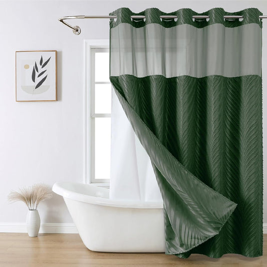 No Hook Shower Curtain and Liner Set,No Hook Tufted Striped Textured Shower Curtain with Snap in Liner Replacement and Waterproof Fabric,Boho Style with See Through Top Window,DarkGreen,71Wx74H