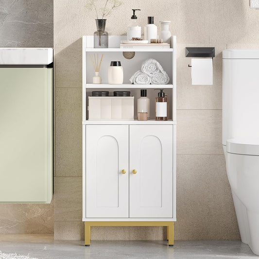 Bathroom Storage Cabinet, Small Floor Cabinet with 2 Door and Shelves, Toilet Paper Cabinets, Bathroom Organizer with Adjustable Shelf, for Small Spaces (Modern, White)