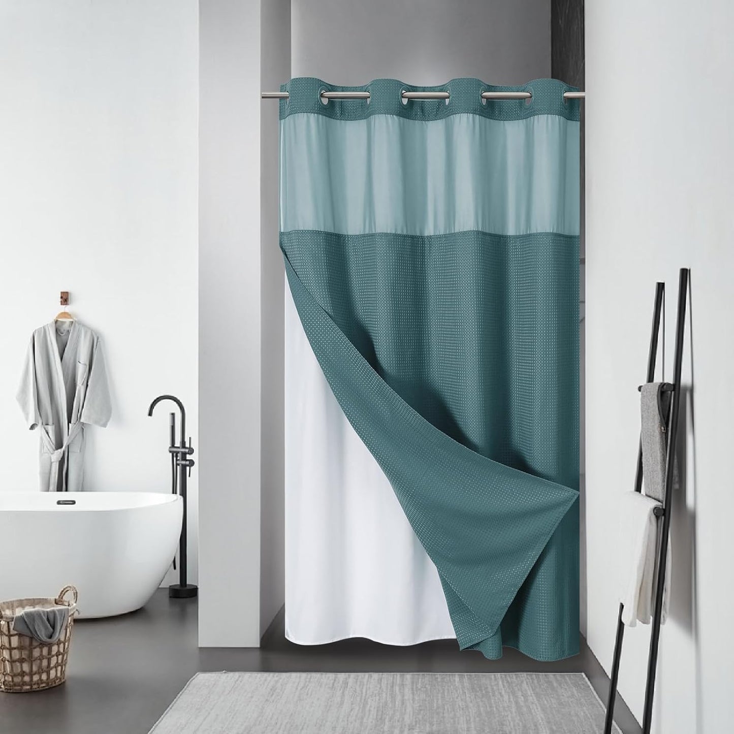 Grey No Hook Waffle Weave Shower Curtain with snap-in Liner Replacement, 230GSM Waterproof Fabric Hotel Shower Curtain Set for Bathroom, Through Mesh Top Window,71Wx74H