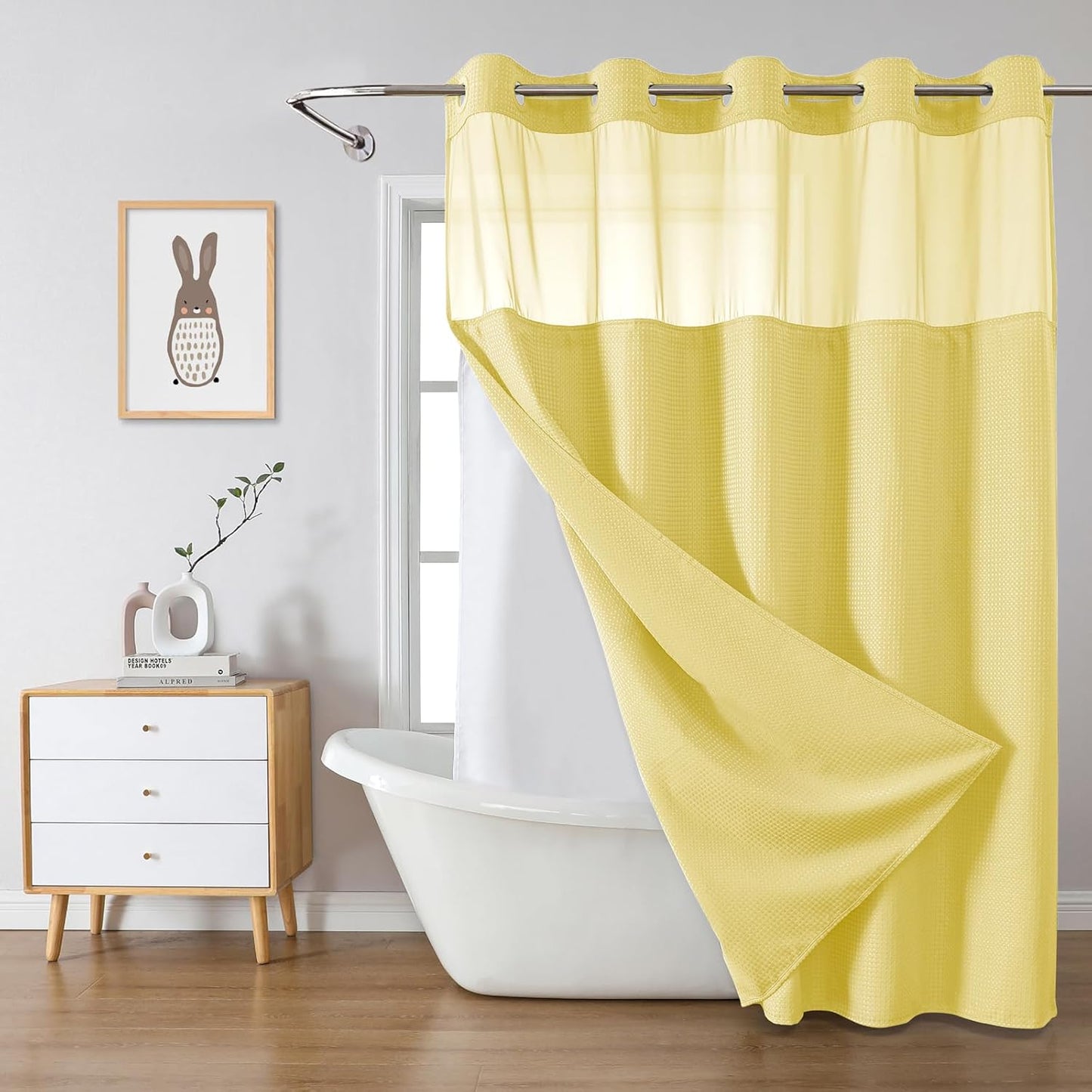 Grey No Hook Waffle Weave Shower Curtain with snap-in Liner Replacement, 230GSM Waterproof Fabric Hotel Shower Curtain Set for Bathroom, Through Mesh Top Window,71Wx74H