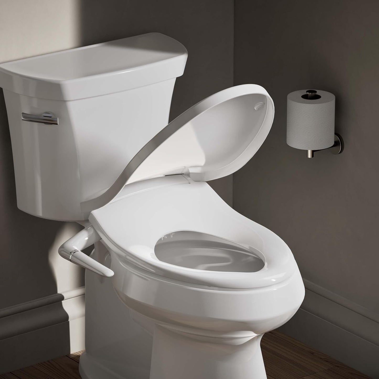 Kohler PureWash M250 Manual Elongated Bidet Toilet Seat, White, Quiet-Close Lid Prevents Slamming, Cool Water, Easy Installation with Quick-Release Hinges, Adjustable Spray Position & Pressure