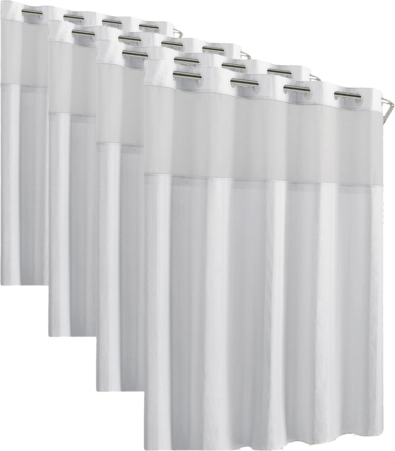 Hookless It’s A Snap! Waffle Stripe Shower Curtain, 2-in-1 Shower Curtain Includes Fabric Shower Curtain with Sheer Top Window and Flex-On Rings, Liner Compatible, 71” x 74”, Bright White