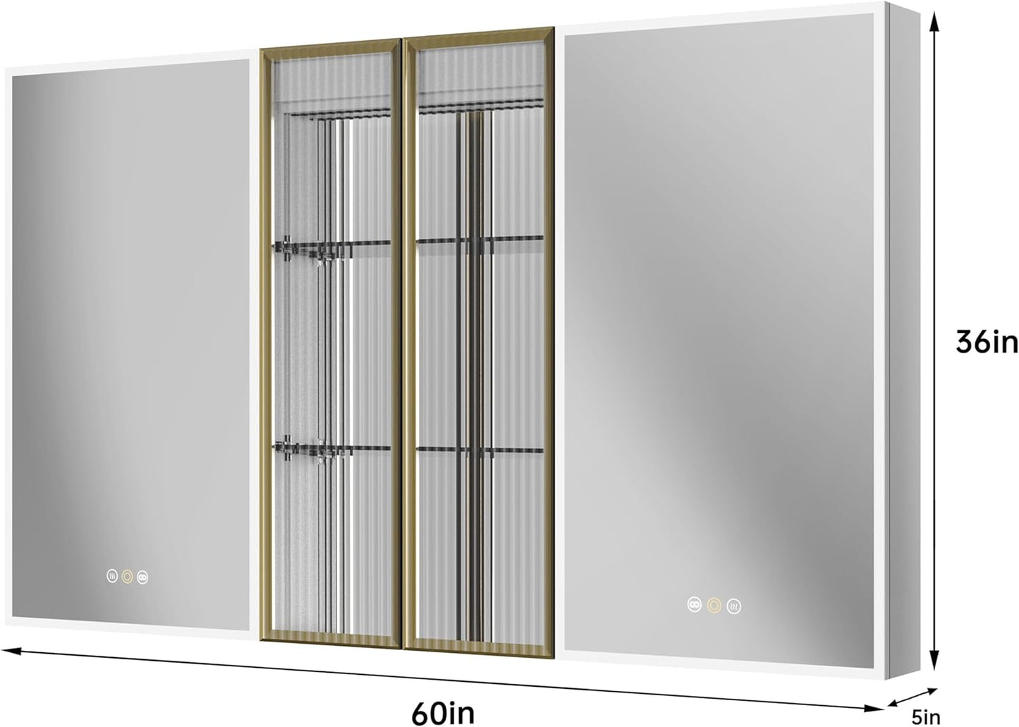 Recessed Medicine Cabinet with Mirror, Medicine Cabinets for Bathroom, 60”W X 36”H, Defogger, Dimmer, Outlets & USB, Four Doors