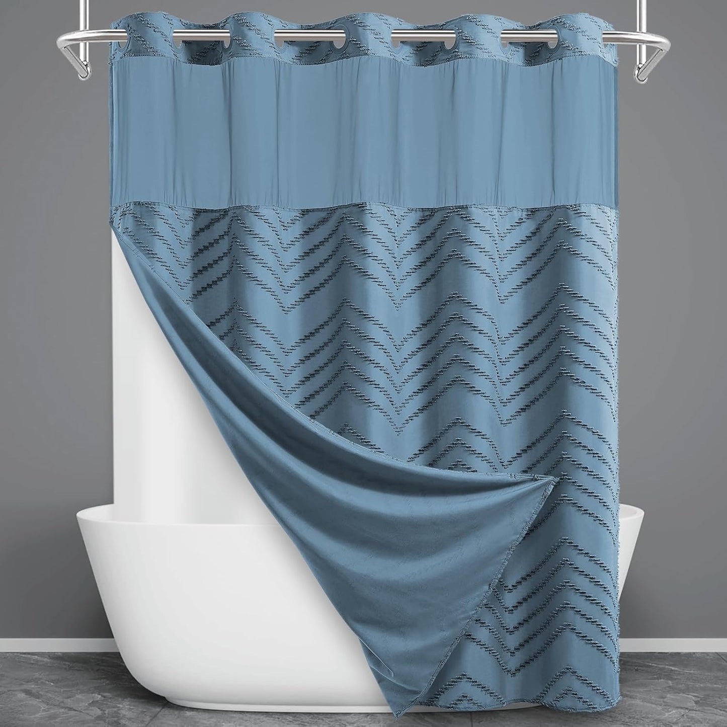 No Hook Shower Curtain with Snap in Liner, Tufted Chevron Striped Shower Curtain Set for Bathroom, Boho Waterproof and Washable Shower Curtains,71Wx74H, Grey